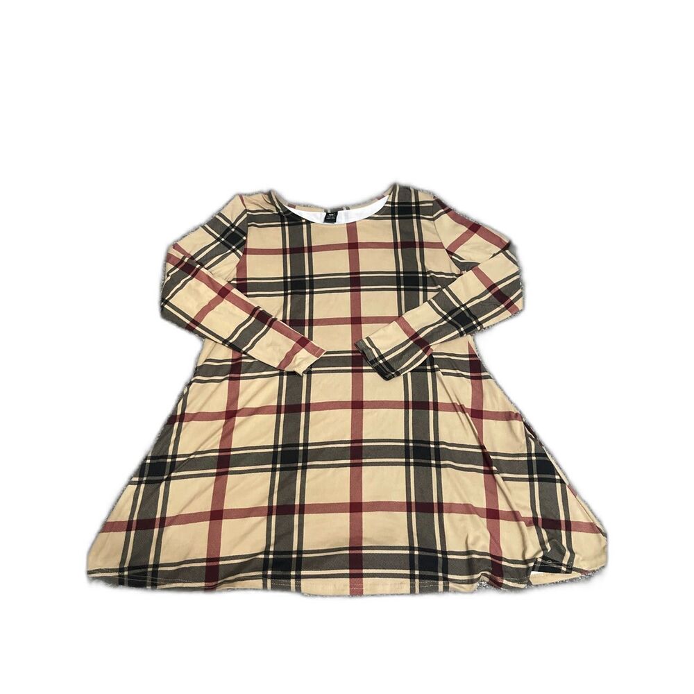 Lildy beige black burgundy plaid long-sleeve swing tunic dress With Pockets L-XL
